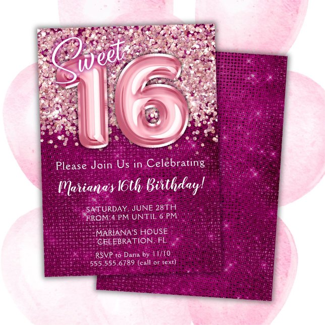 Invitation d'anniversaire 16 ans rose magenta (Créateur téléchargé)