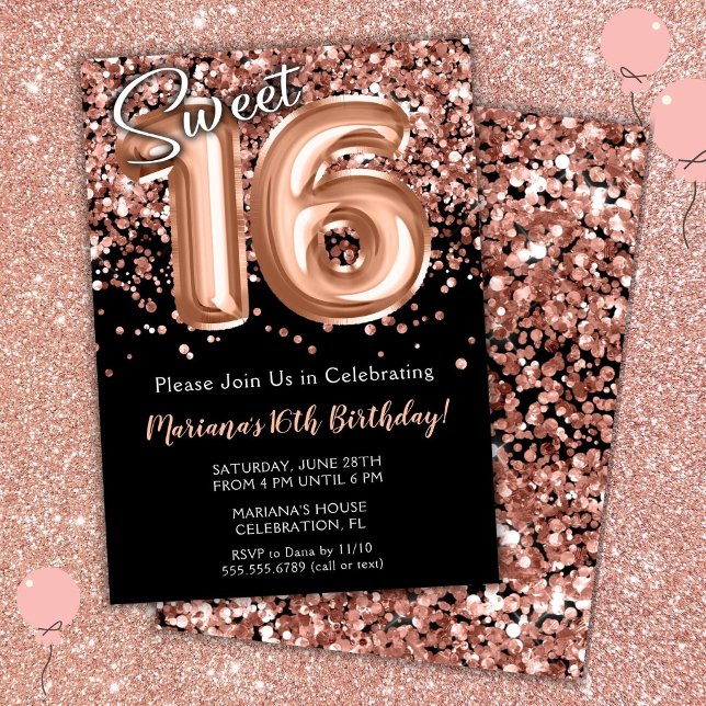 Invitation d'anniversaire 16 ans Rose Noire Or (Créateur téléchargé)