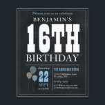 Invitation d'anniversaire 16 ans Tableau Noir Bleu<br><div class="desc">Invitation de fête d'anniversaire 16 ans Balloon Bleu Blanc Tableau Noir Vintage Rustique</div>