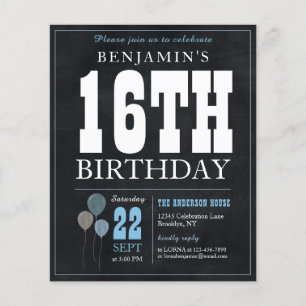 Invitation d'anniversaire 16 ans Tableau Noir Bleu