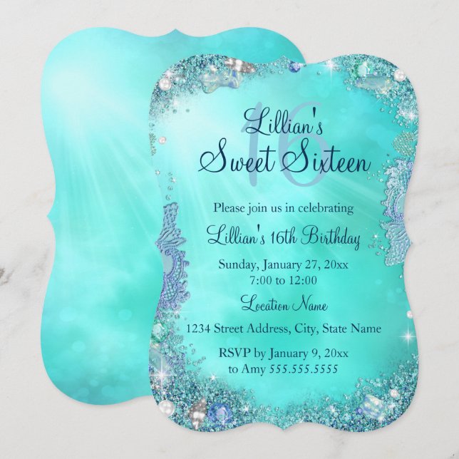 Invitation d'anniversaire 16 ans Teal Ocean Jewel  (Devant / Derrière)