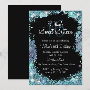 Invitation d'anniversaire 16 ans Turquoise Noir Oc