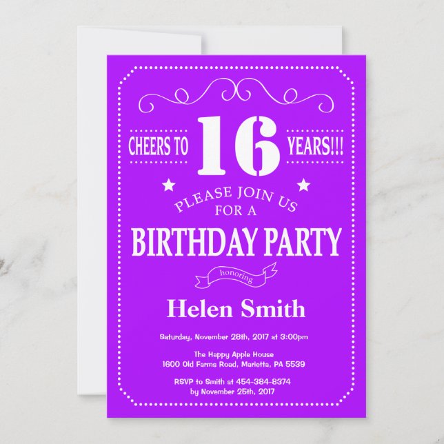 Invitation d'anniversaire 16 ans Violet et Blanc (Devant)