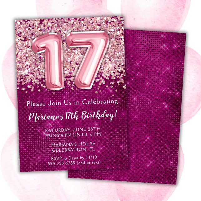 Invitation d'anniversaire 17 ans Fille Magenta Pai (Créateur téléchargé)