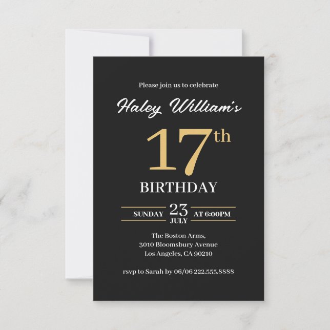 Invitation d'anniversaire 17 ans minimaliste noir  (Devant)