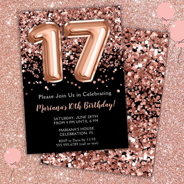 Invitation d'anniversaire 17 ans Noir Rose Or Pail (Créateur téléchargé)