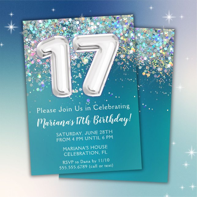 Invitation d'anniversaire 17 ans Teal Pailleté Arg (Créateur téléchargé)