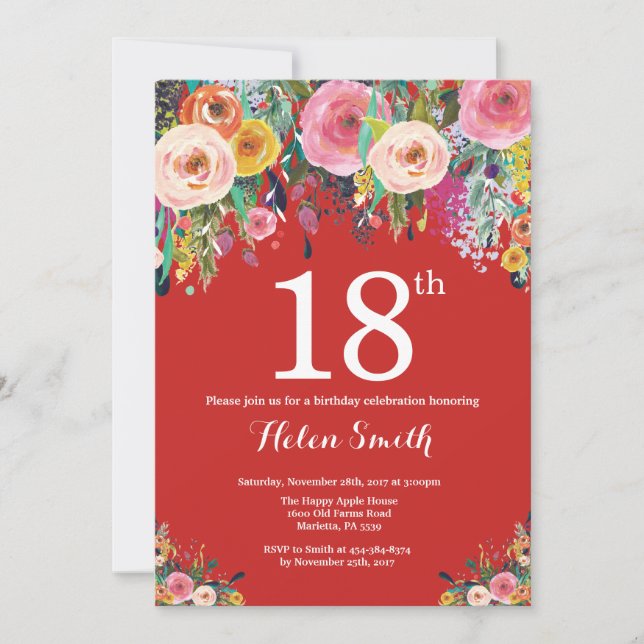 Invitation d'anniversaire 18 ans à motif floral ro (Devant)