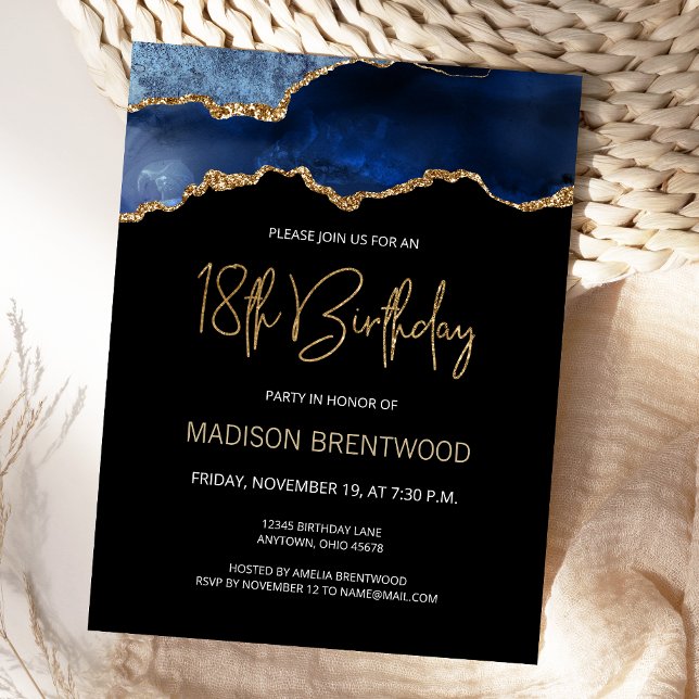 Invitation d'anniversaire 18 ans Agate Bleu Or (Créateur téléchargé)