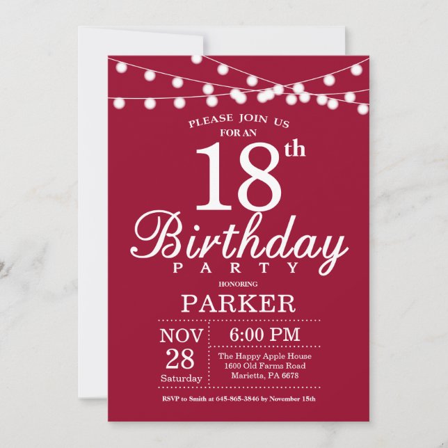 Invitation d'anniversaire 18 ans Bordeaux Rouge (Devant)
