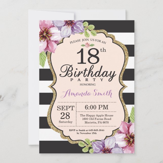 Invitation d'anniversaire 18 ans Femme. Floral Or  (Devant)