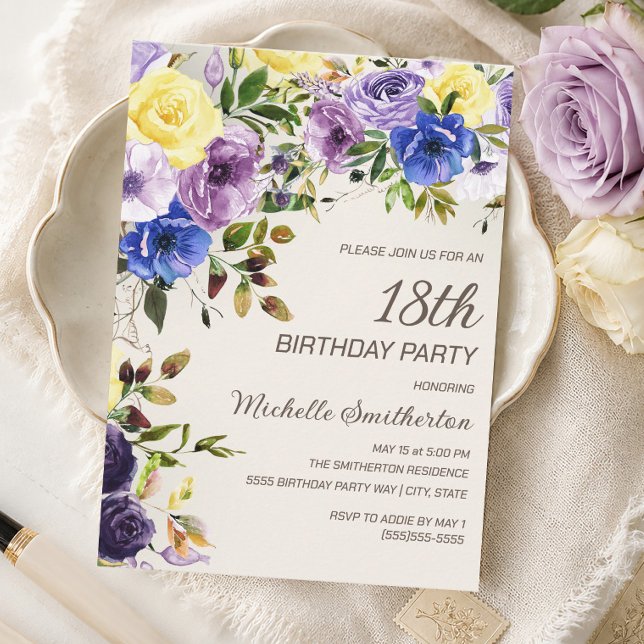 Invitation d'anniversaire 18 ans Fleur aquarelle j (Purple and yellow watercolor floral 18th birthday invitation)