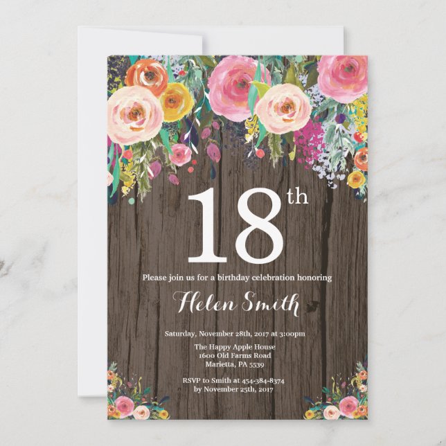 Invitation d'anniversaire 18 ans Floral Rustique (Devant)