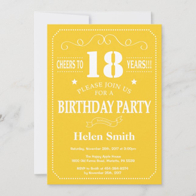 Invitation d'anniversaire 18 ans jaune et blanc (Devant)