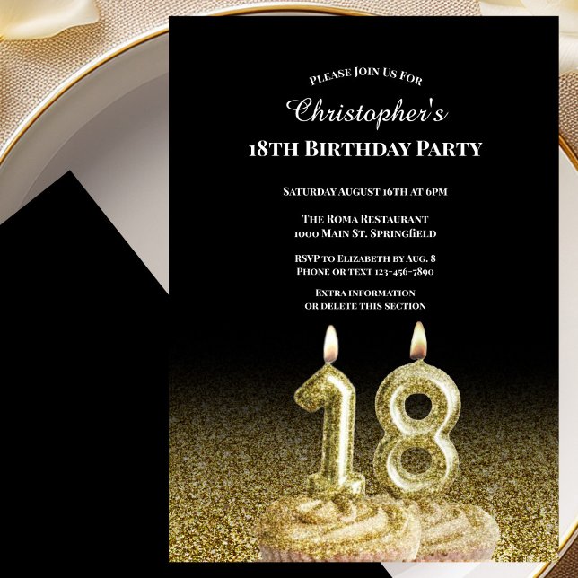 Invitation d'anniversaire 18 ans noir et or pour l (Créateur téléchargé)