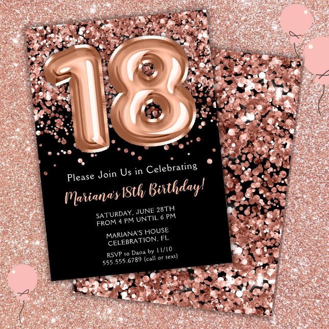 Invitation d'anniversaire 18 ans Noir Rose Or Pail (Créateur téléchargé)