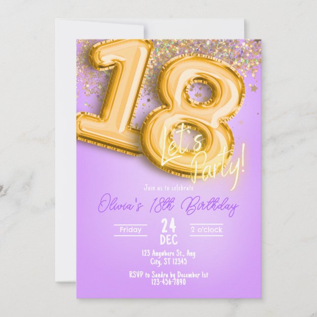 Invitation d'anniversaire 18 ans Paillettes Violet (Devant)