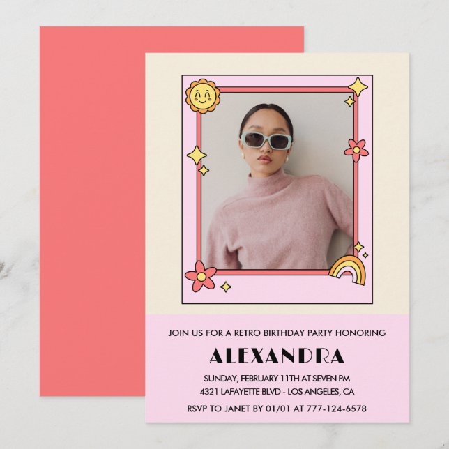 Invitation d'anniversaire 18 ans Retro Groovy Fleu (Devant / Derrière)