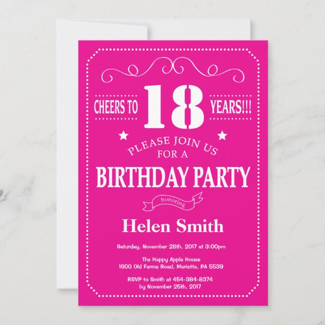 Invitation d'anniversaire 18 ans rose chaud et bla (Devant)