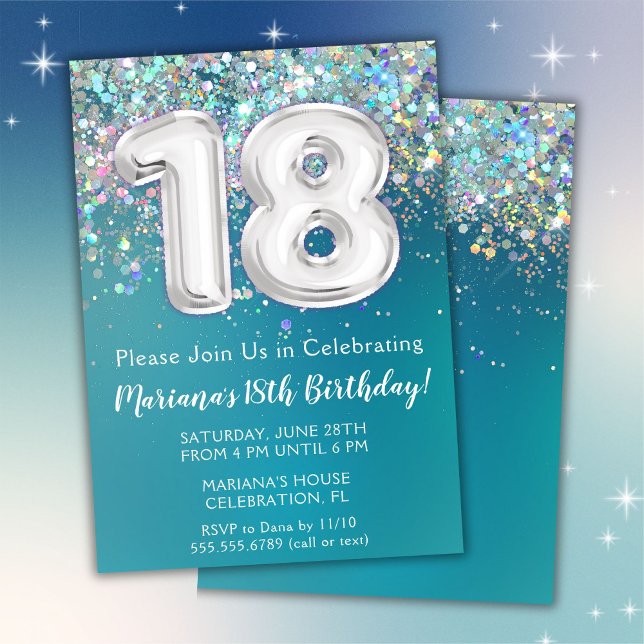 Invitation d'anniversaire 18 ans Teal Argent Paill (Créateur téléchargé)