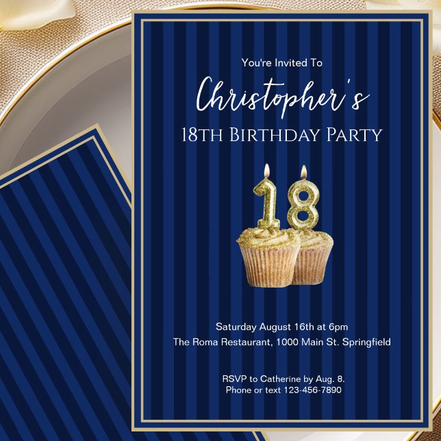 Invitation d'anniversaire 18 ans Unique Bleu Or po (Créateur téléchargé)