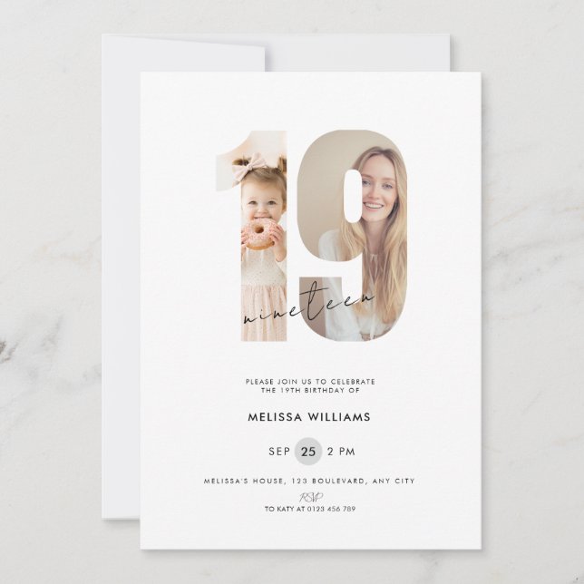 Invitation d'anniversaire 19 ans avec photo - Blan (Devant)