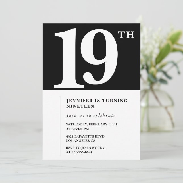 Invitation d'anniversaire 19 ans Noir Élégante Chi (Debout devant)