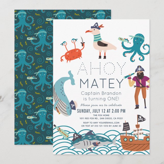 Invitation d'anniversaire 1 an Ahoy Matey Pirate S (Devant / Derrière)