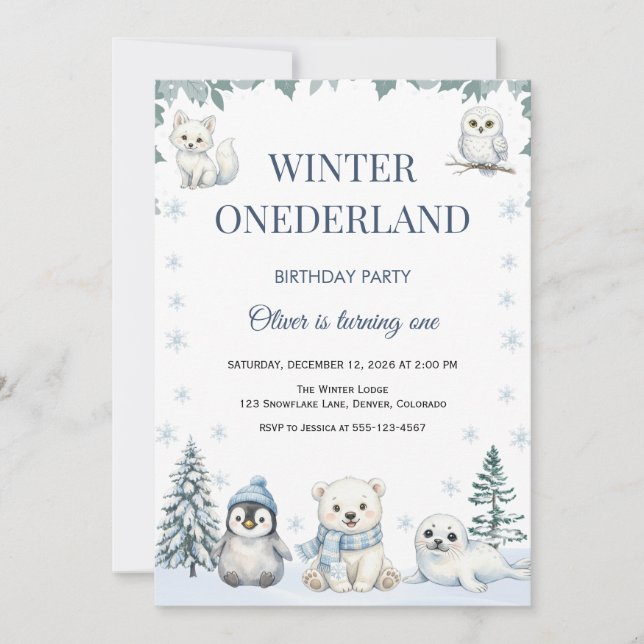 Invitation d'anniversaire 1 an Animaux Arctiques (Devant)