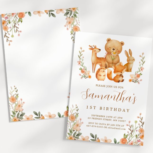 Invitation d'anniversaire 1 an Animaux de la forêt (Watercolor Woodland Animals 1st Birthday Invite)