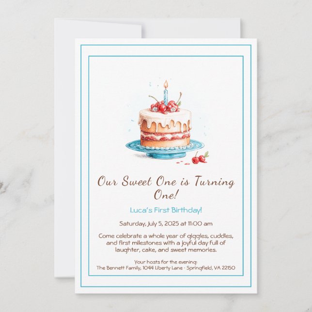 Invitation d'anniversaire 1 an aquarelle avec boug (Devant)
