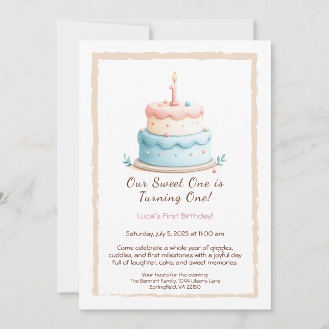 Invitation d'anniversaire 1 an aquarelle avec boug (Devant)