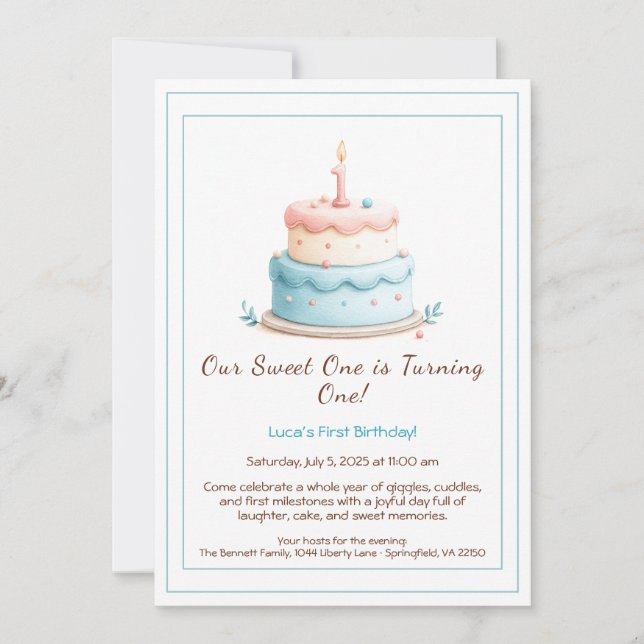Invitation d'anniversaire 1 an aquarelle avec boug (Devant)