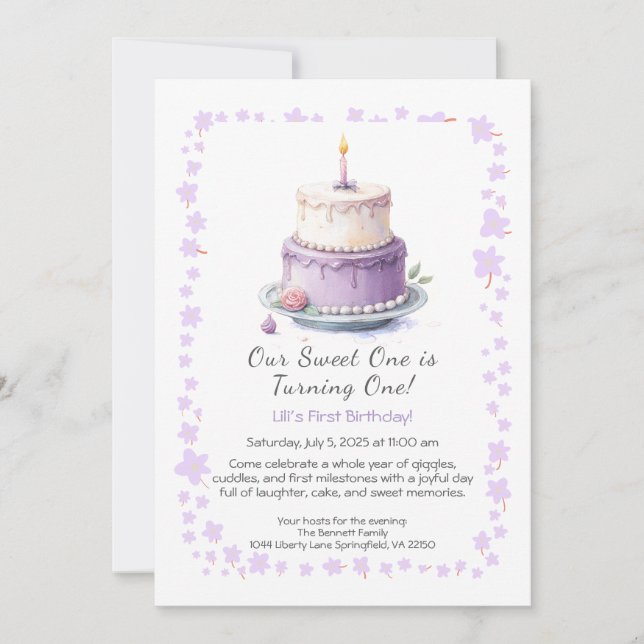 Invitation d'anniversaire 1 an aquarelle avec gâte (Devant)