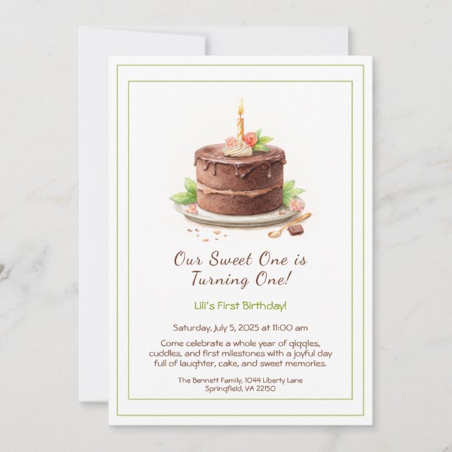 Invitation d'anniversaire 1 an aquarelle - Gâteau  (Devant)