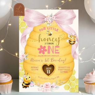 Invitation d'anniversaire 1 an avec ruban rose et