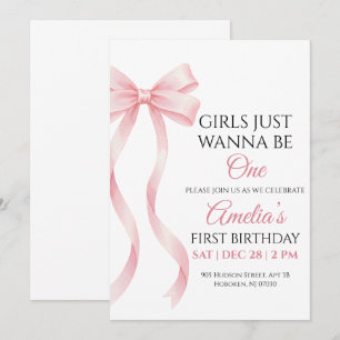 Invitation d'anniversaire 1 an avec un nœud rose p