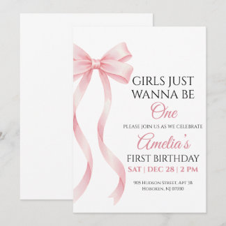 Invitation d'anniversaire 1 an avec un nœud rose p