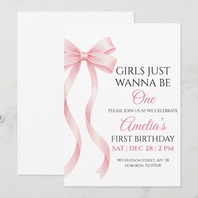 Invitation d'anniversaire 1 an avec un nœud rose p (Devant / Derrière)