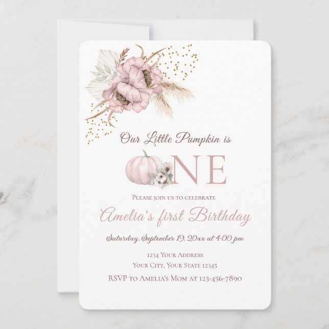 Invitation d'anniversaire 1 an Boho Rose Citrouill (Devant)