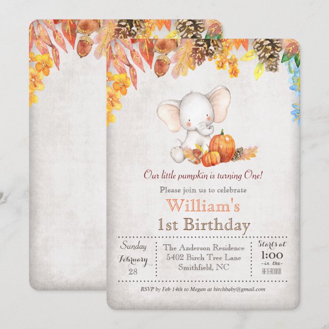 Invitation d'anniversaire 1 an Citrouille d'automn (Devant / Derrière)