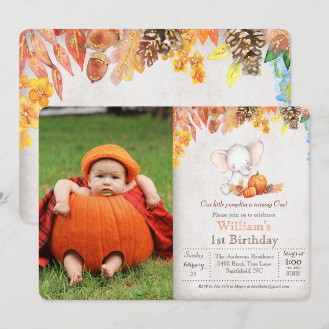 Invitation d'anniversaire 1 an Citrouille d'automn (Devant / Derrière)