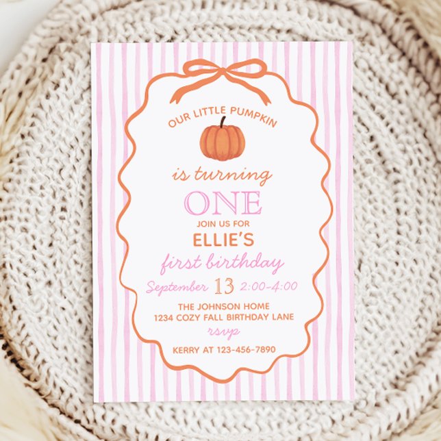Invitation d'anniversaire 1 an de la Petite Citrou (Invitation with pink and white stripes, orange bow, and pumpkin illustrations)