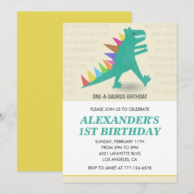 Invitation d'anniversaire 1 an dinosaure T rex arc (Devant / Derrière)