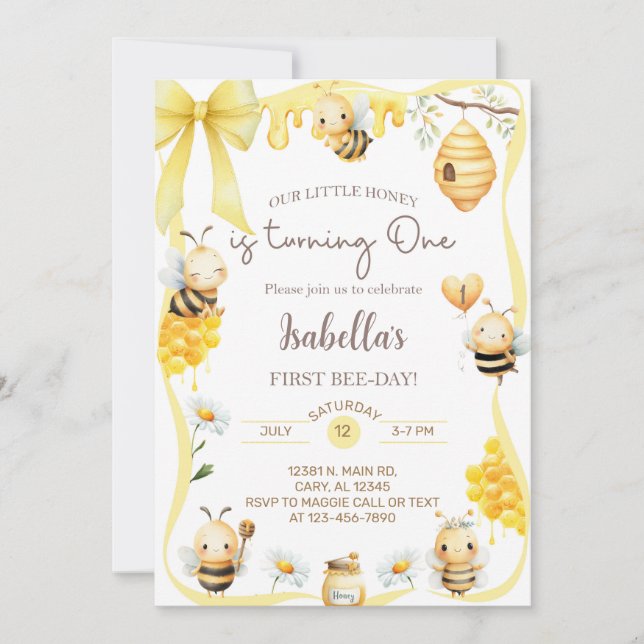Invitation d'anniversaire 1 an fille abeille, bour (Devant)