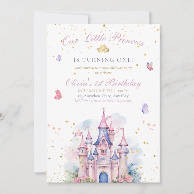 Invitation d'anniversaire 1 an fille Château Princ (Devant)