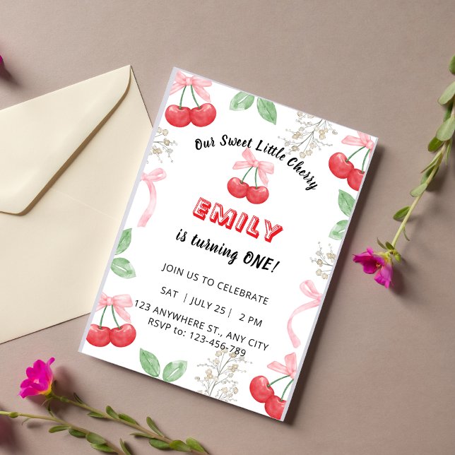 Invitation d'anniversaire 1 an Fille Rose Cerises (Créateur téléchargé)