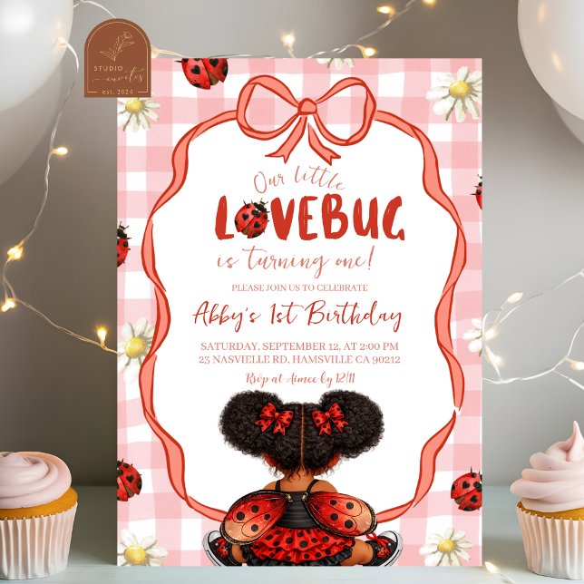 Invitation d'anniversaire 1 an Gingham Red Ladybug (Créateur téléchargé)