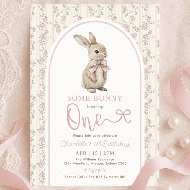 Invitation d'anniversaire 1 an Lapin Rose Coquette (Créateur téléchargé)