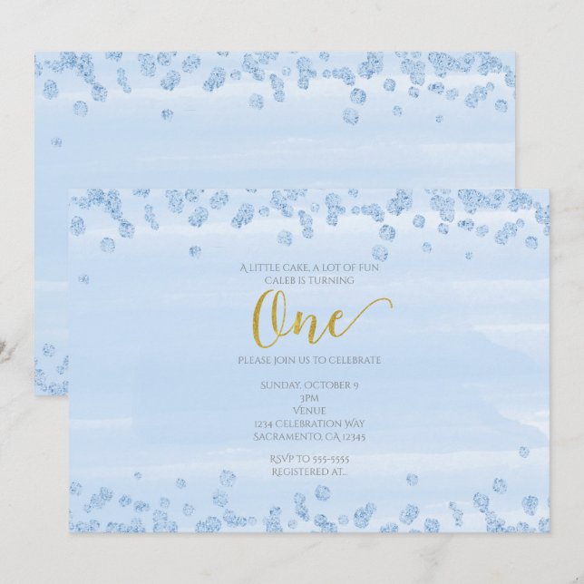 Invitation d'anniversaire 1 an Light Blue & Gold O (Devant / Derrière)